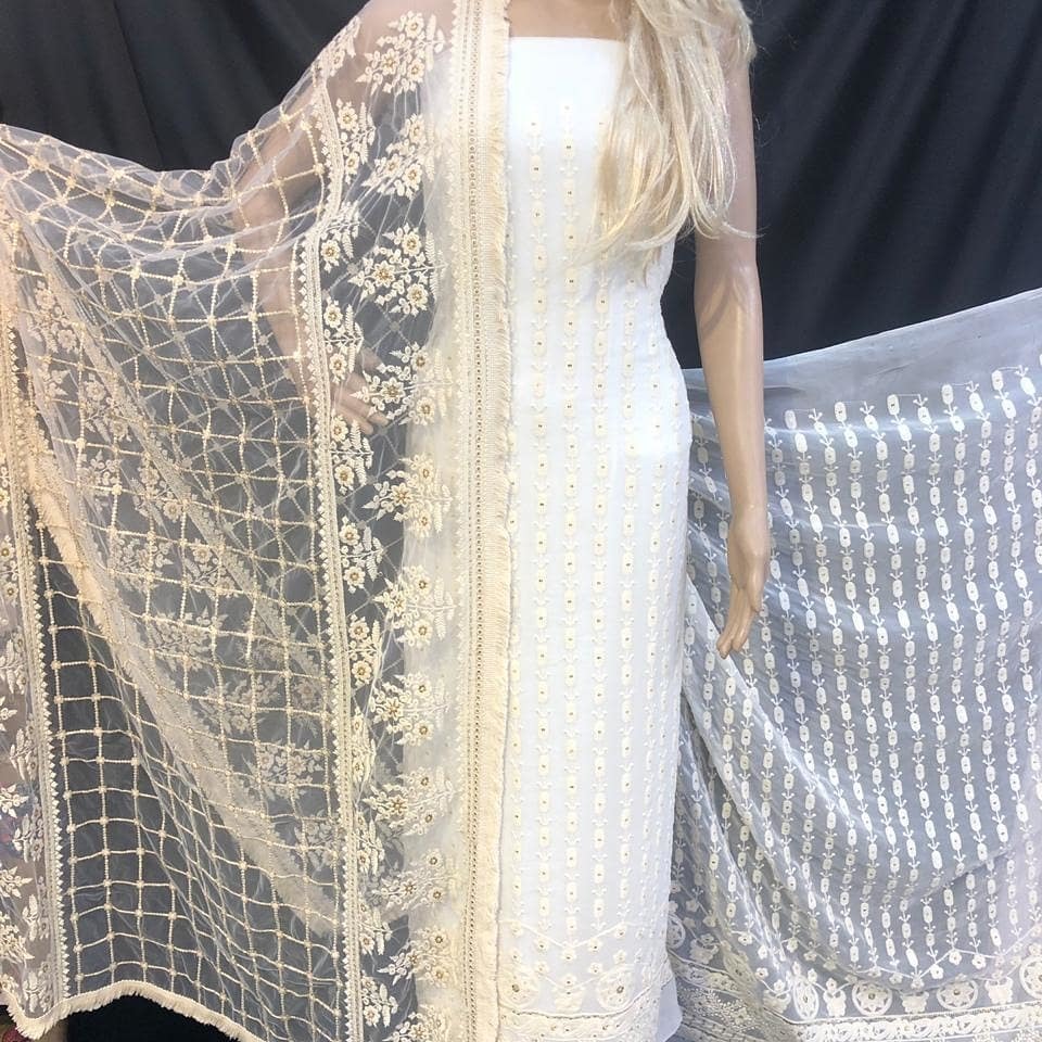 Chikankari Dupatta - 2.4 Mtr Butterfly Net Fabric, White Color, Embroidered Pattern, Lightweight & Washable For Versatile Cloth Designing