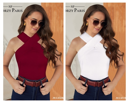 Ladies T-Shirt - Knitted Fabric, V Neck, Sizes S(32), M(34), L(36), XL(38) | Trendy Plain Design in Maroon and White, Suitable for Ages 15-45