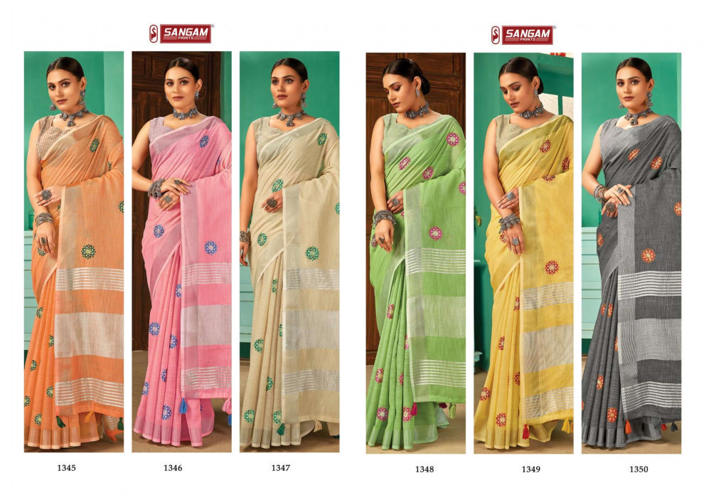 Sangam Prints Paro Linene Cotton Sarees Catalog Collection