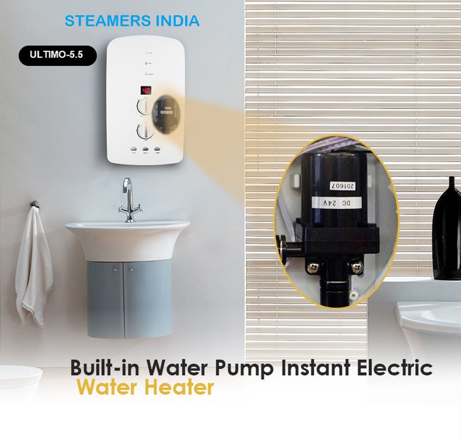 Instant Water Heater - Copper Tubular Element, 380x225x75 Mm | 2-5.5 Kw Variable Power, Ipx4 Waterproof, Touch Safe Design, Temperature Indicator