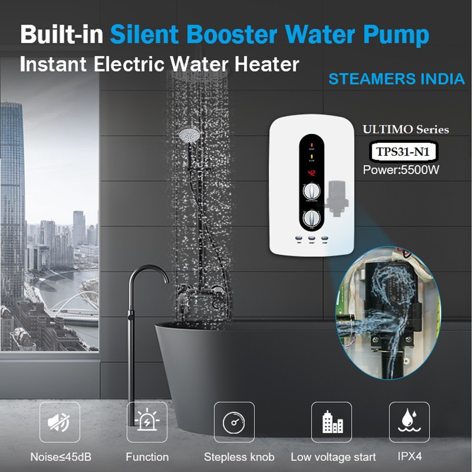 Instant Water Heater - Copper Tubular Element, 380x225x75 Mm | 2-5.5 Kw Variable Power, Ipx4 Waterproof, Touch Safe Design, Temperature Indicator