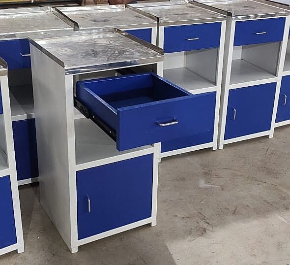 Standard Bedside Locker - Mild Steel With Stainless Steel 304 Top Blue Finish | Indian Style Hospital Trolley Commercial Furniture
