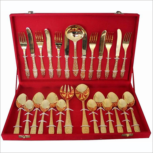 Brass Cutlery Set Of 27 Pcs - Color: Golden