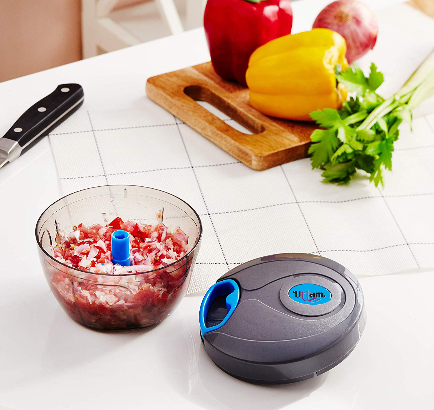 Vegetable Chopper 350ml Grey - High-quality Pp Plastic 12.5cm Diameter X 9cm Height Black | 3 Stainless Steel Blades Portable Effortless Chopping