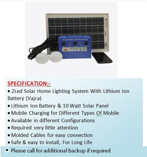 2 Led Solar Home Lighting System - Lithium Ion Battery, 10w Usb Port, Ip44 Rated | Blue Sheet Metal Box, Inbuilt Controller & Switches, 5 Hours Daily Operation