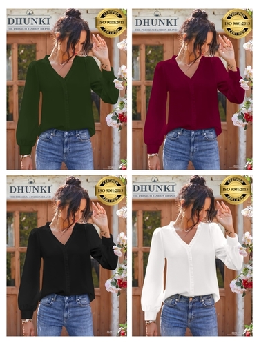 Ladies Tops - Heavy Georgette, Size M(38)/XL(42), Length 23-24 Inch, 4 Colors Available, Designer Neck and Front, Full Sleeve Design