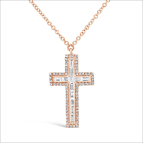 10k Gold Baguette And Round Diamond Cross Pendant