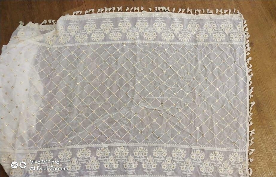 Chikankari Dupatta - 2.4 Mtr Butterfly Net Fabric, White Color, Embroidered Pattern, Lightweight & Washable For Versatile Cloth Designing