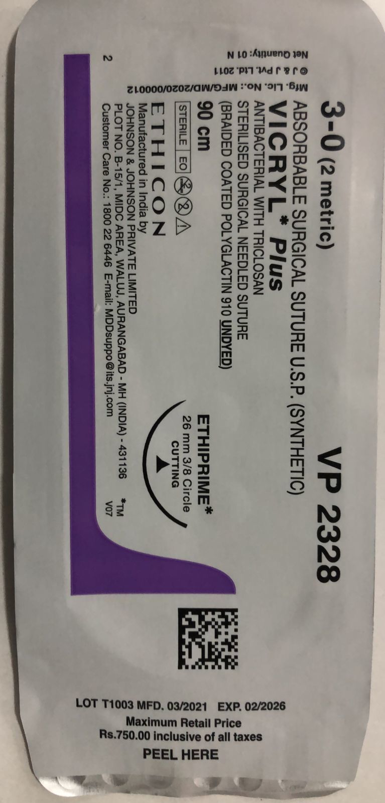 Ethicon Synthetic Absorbable Coated Vicryl Plus Antibacterial Sutures(vp2328) - Color: Undyed