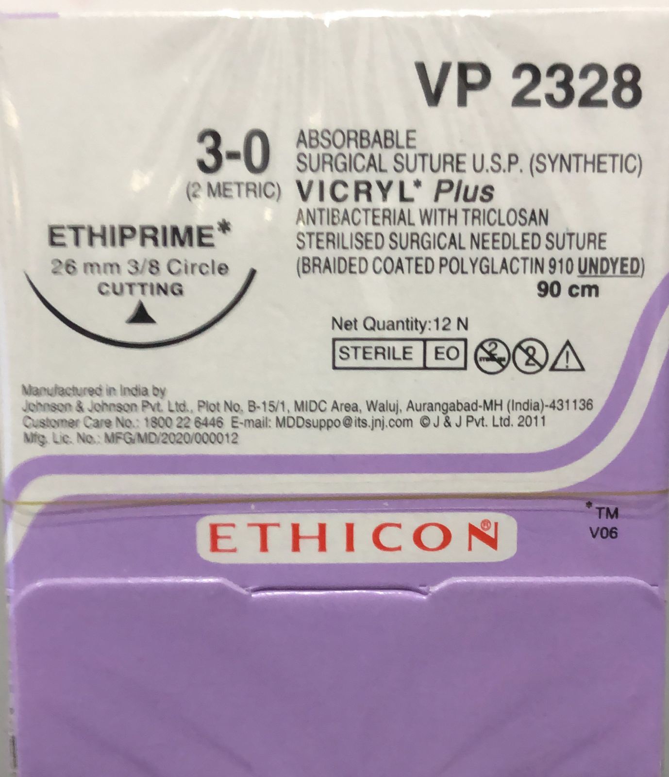 Ethicon Synthetic Absorbable Coated Vicryl Plus Antibacterial Sutures(vp2328) - Color: Undyed
