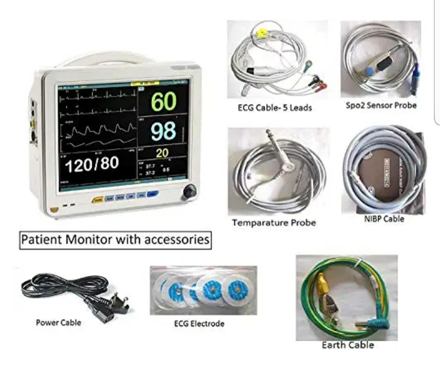 5 Para Monitor - 370x280x350 Mm, White | Spo2, Nibp, Temp, Resp, Ecg Monitoring