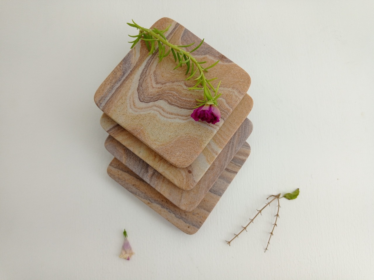 Marble Coaster Set - 3.5 X 3.5 X 3/8 Inch | Elegant Wooden Finish, Pack Of 4