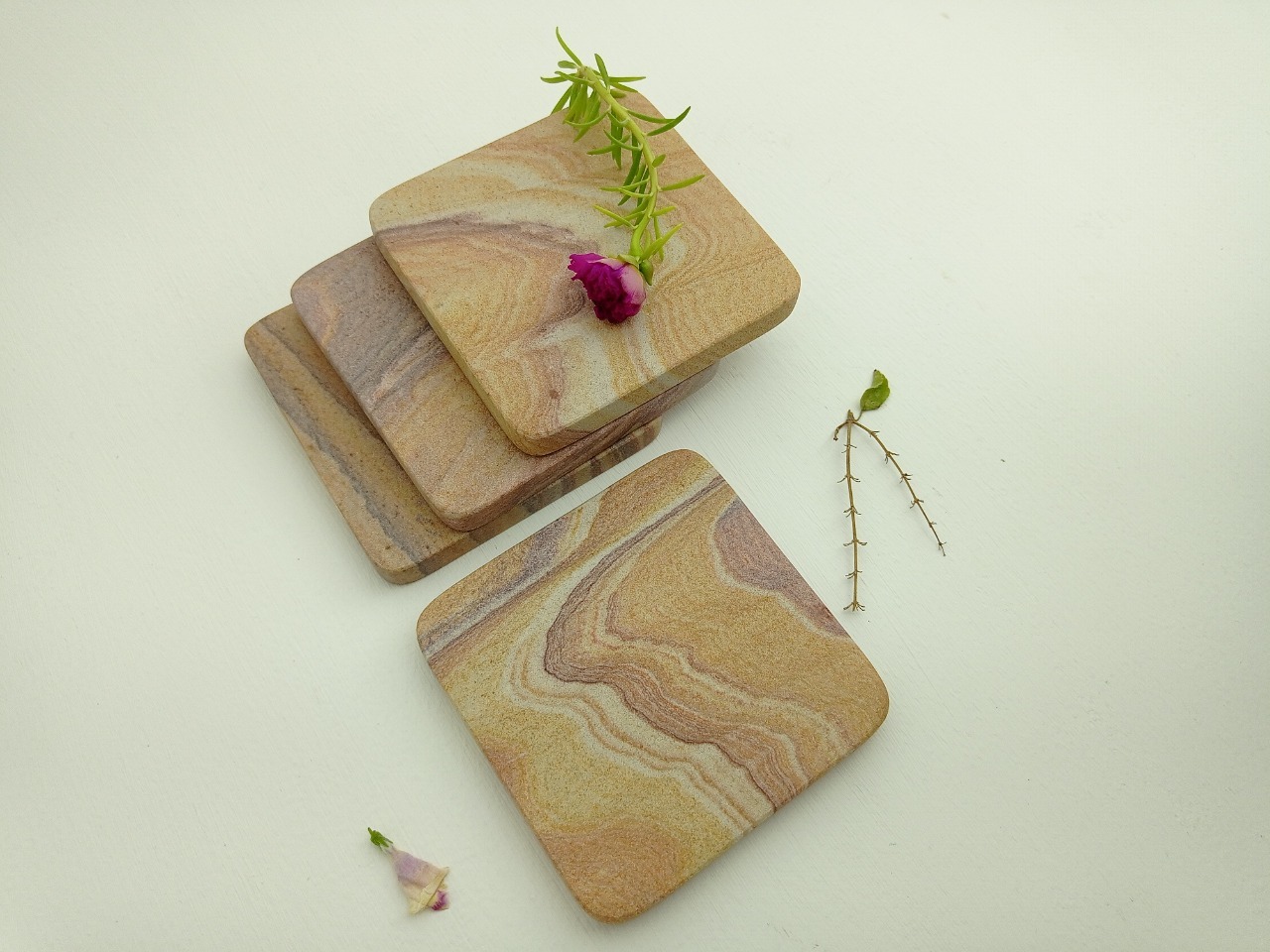 Marble Coaster Set - 3.5 X 3.5 X 3/8 Inch | Elegant Wooden Finish, Pack Of 4