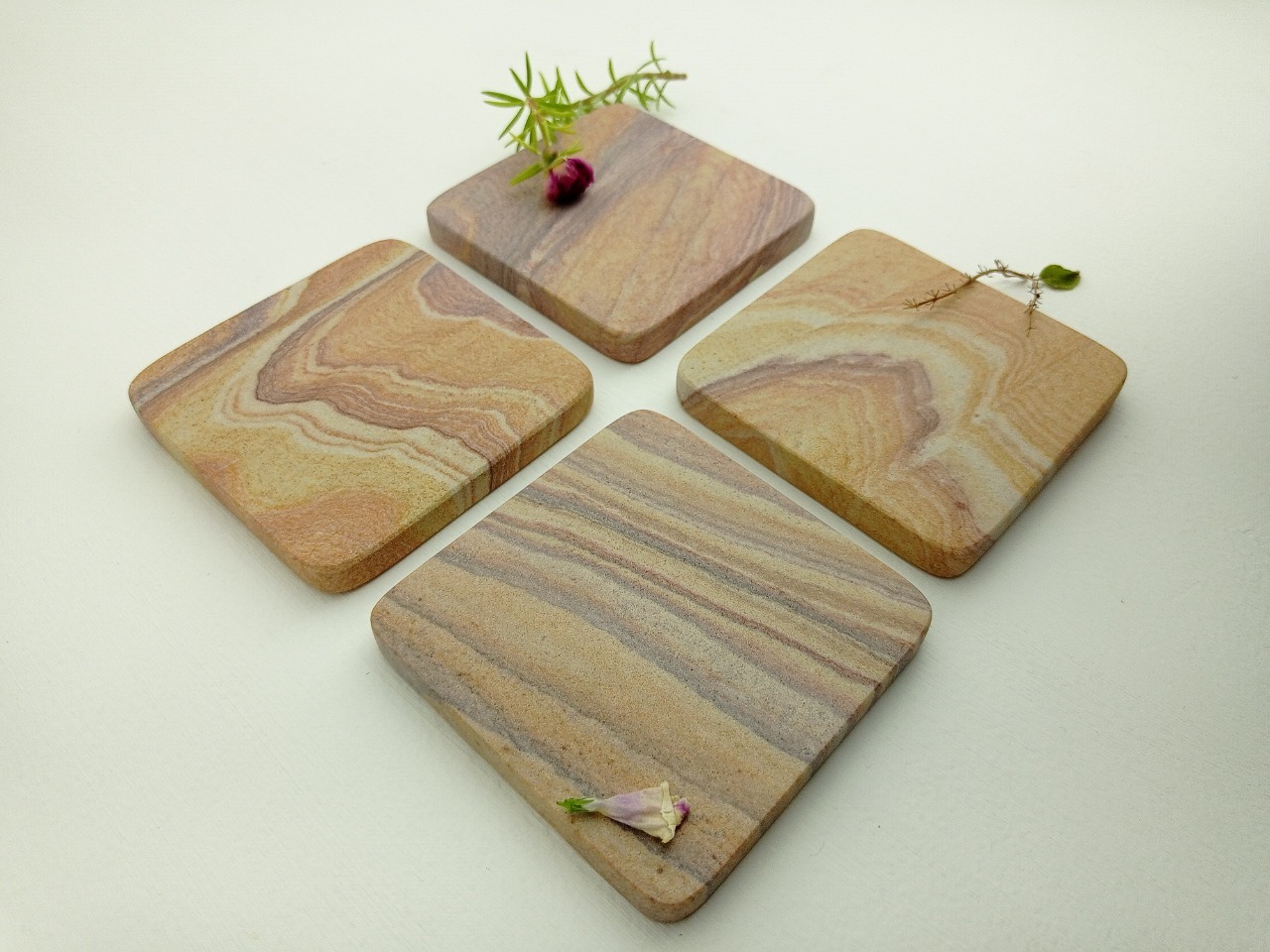 Marble Coaster Set - 3.5 X 3.5 X 3/8 Inch | Elegant Wooden Finish, Pack Of 4