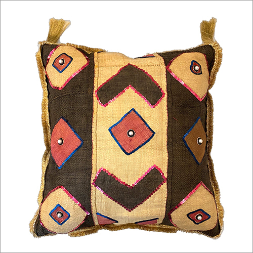 Kuba Cloth Jute Cushion - 16x16 Inch , Soft Fabric, Ethnic Style, Embroidered Pattern, Itch-Free Comfort