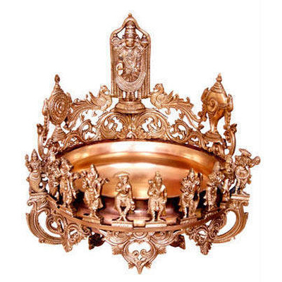 पीली प्राचीन उर्ली - विष्णु दसवतार प्रतिमा के साथ उरुली सजावटी हाथ से बने पीतल के धातु के फूल के बर्तन