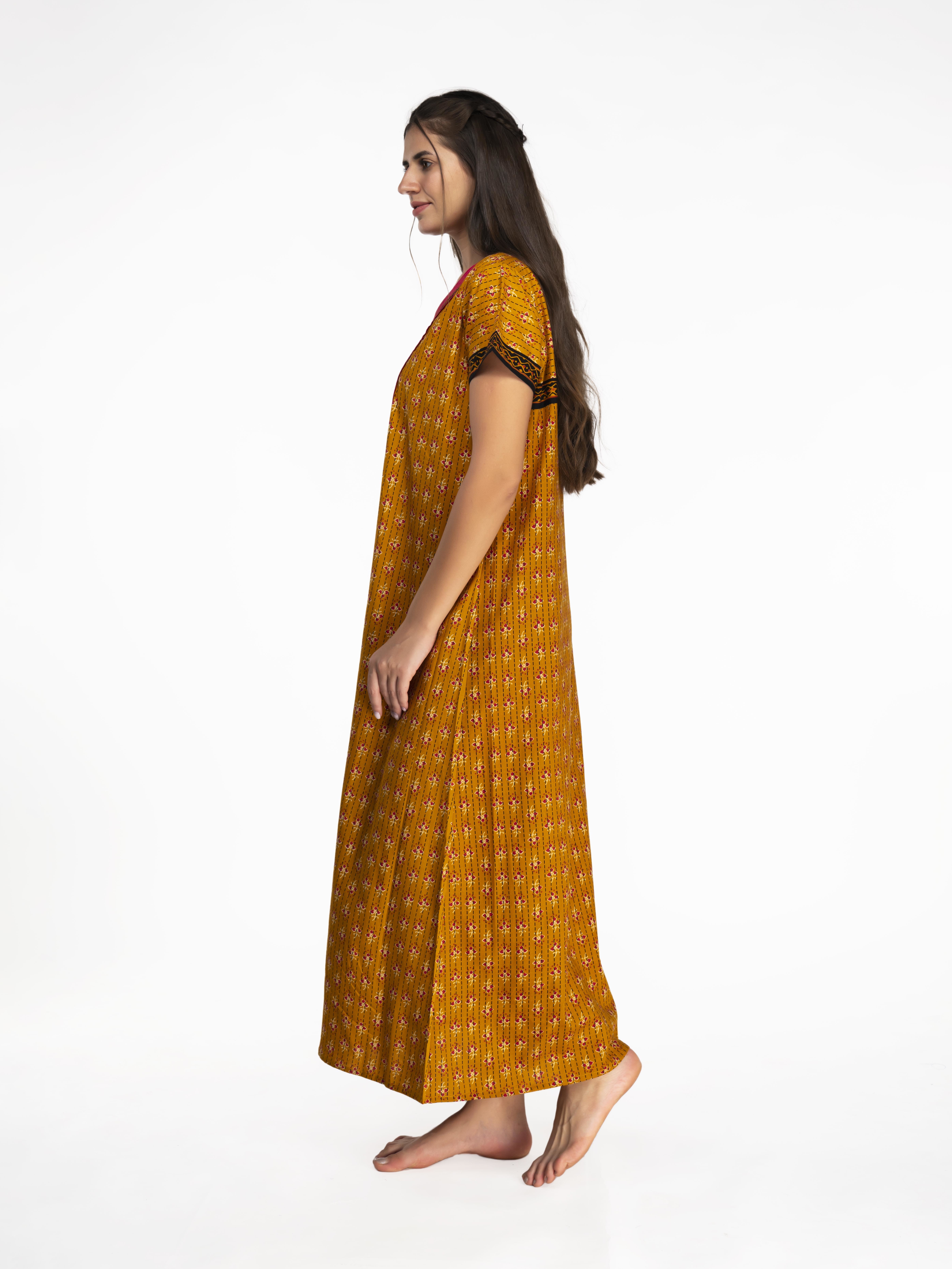 Knitted Womens Sleepwear - Cotton Nightgown Printed Design With Short Sleeves