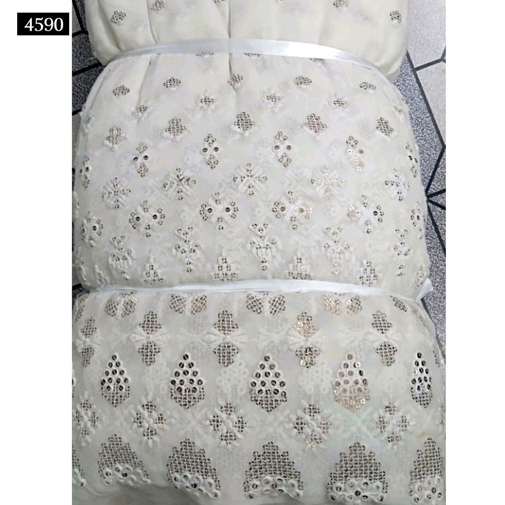 Mirror Work Daman Fabric - Georgette, 54 Meter Width, White Color | Light In Weight, Embroidered Texture, Versatile For Lehengas, Blouses, And Borders