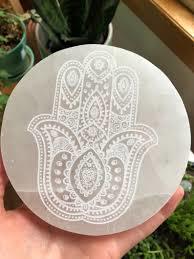 Round Selenite Engraved Plates - Natural Stone 3 To 10 Inch Sizes Unique Handcrafted Designs