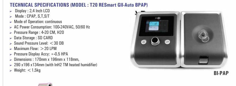 Bipap Machine - Metal, Dimensions: 156mm X 248mm X 108mm | Portable, Auto-adjusting Pressure, Epr & Auto-leak Compensation, 3.5" Tft Display, 20+ Hours Data Logging