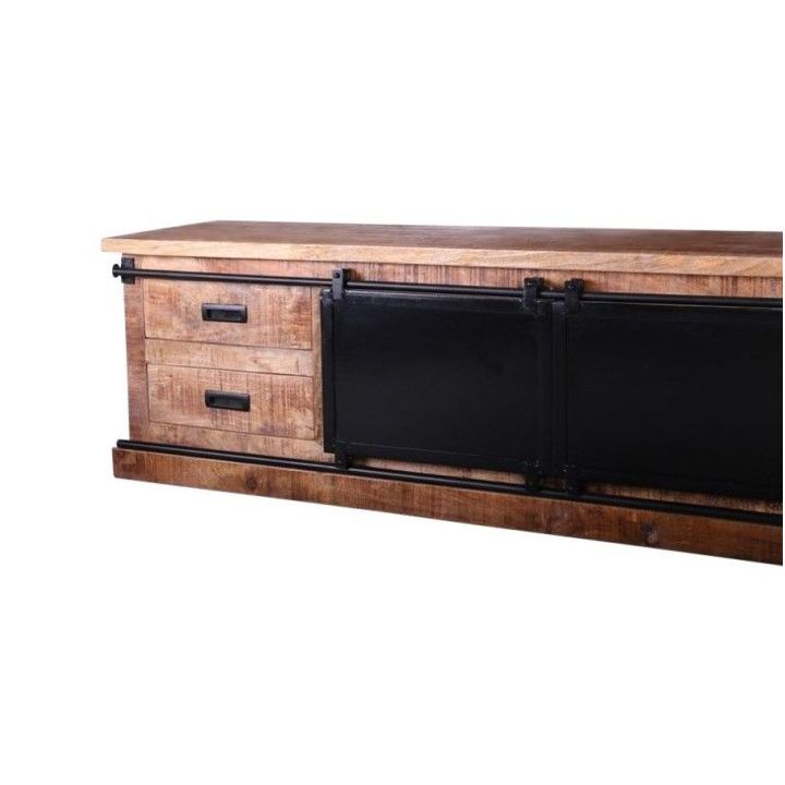 Tv Cabinet - Mango Wood & Iron Sliding Door, 155x45x50 Cm, Natural Color | Durable, Eco-friendly, Handmade, Contemporary Design