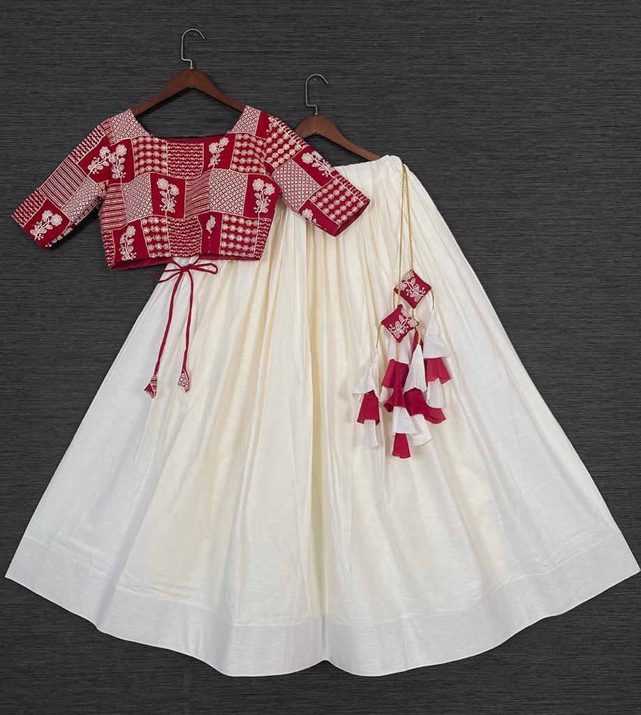 Lehenga - Pure Cotton Fabric, Stitched Size Up To 42 With Handmade Tassels | Plus Size, Dry Clean Only, Lucknowi Embroidery