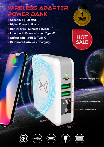 Wireless Adapter Power Bank - Lithium Polymer Battery 6700mah, Dual Usb Ports, Micro Connector, Sleek White Design