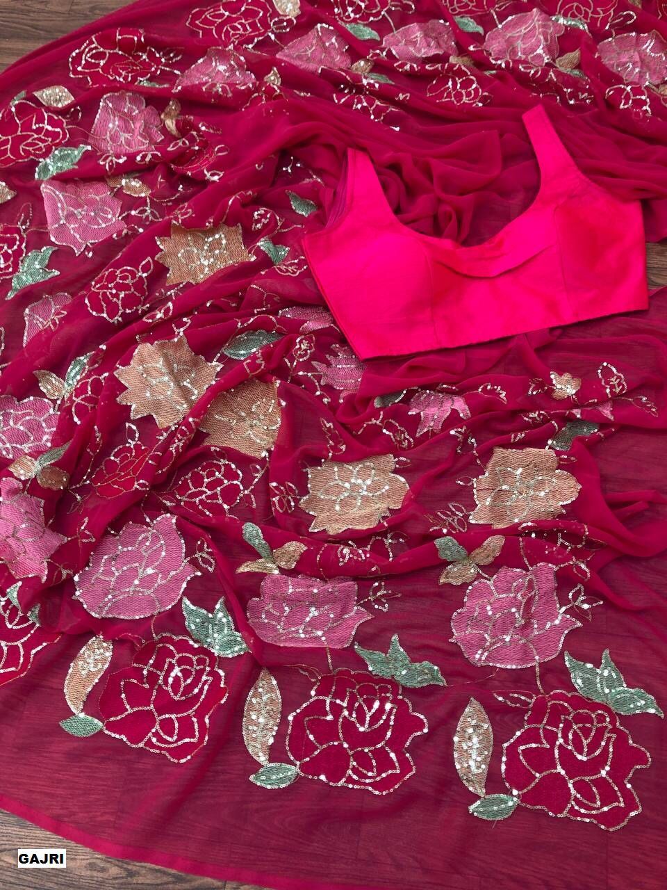 Designer Hit Blockbuster Saree - Magic Georgette Fabric, Full Heavy Multy Sequence Embroidery | Breathable, Washable, Customized Logo, Printed Pattern, All Season