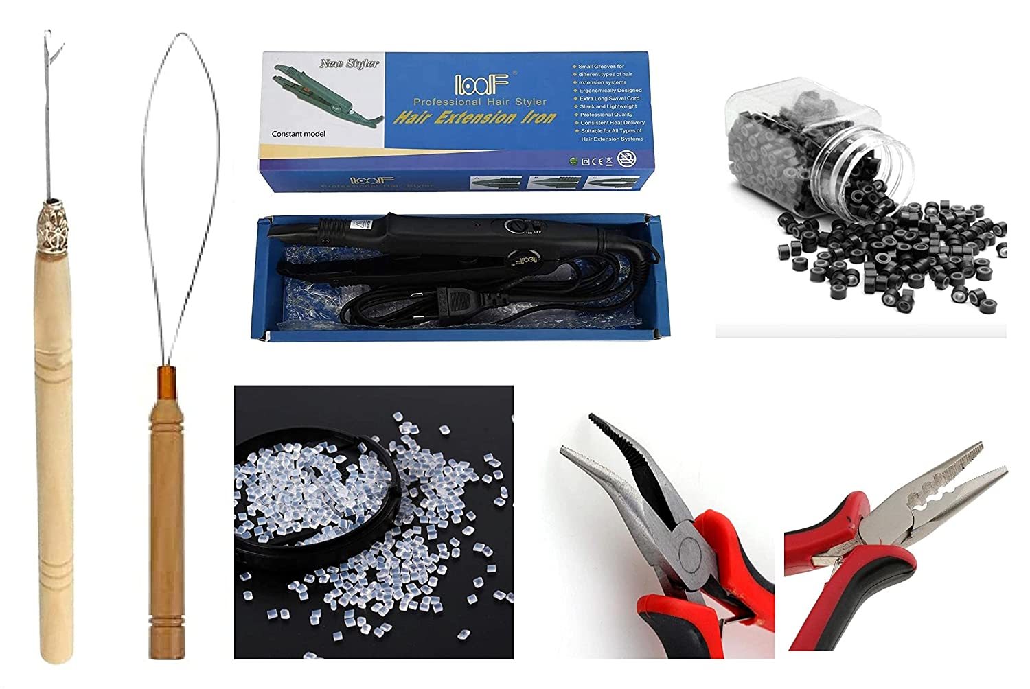 Hair Extension Product Kit - Remi, Semi, Synthetic Materials | Perm, Set, Straighten Hair With Complete Application Tools