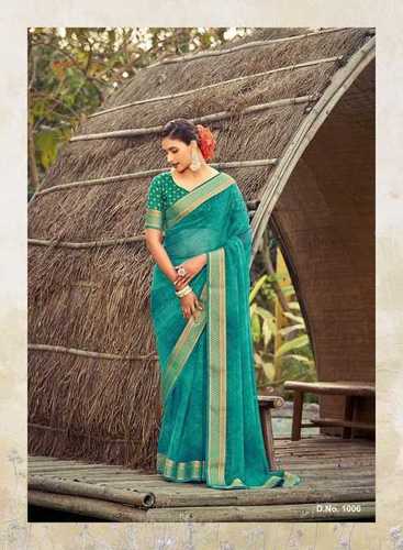 Handloom Cotton Saree - 5.5 Meters Teal with Gold Border | Plain Design for Formal Occasions, Hand Wash Care