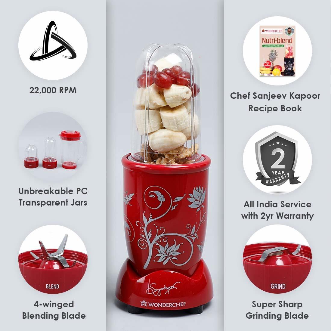 Wonderchef Nutri Blend, 22000 Rpm Mixer Grinder, Blender, Stainless Steel Blades, 3 Unbreakable Jars, 400 W-red,