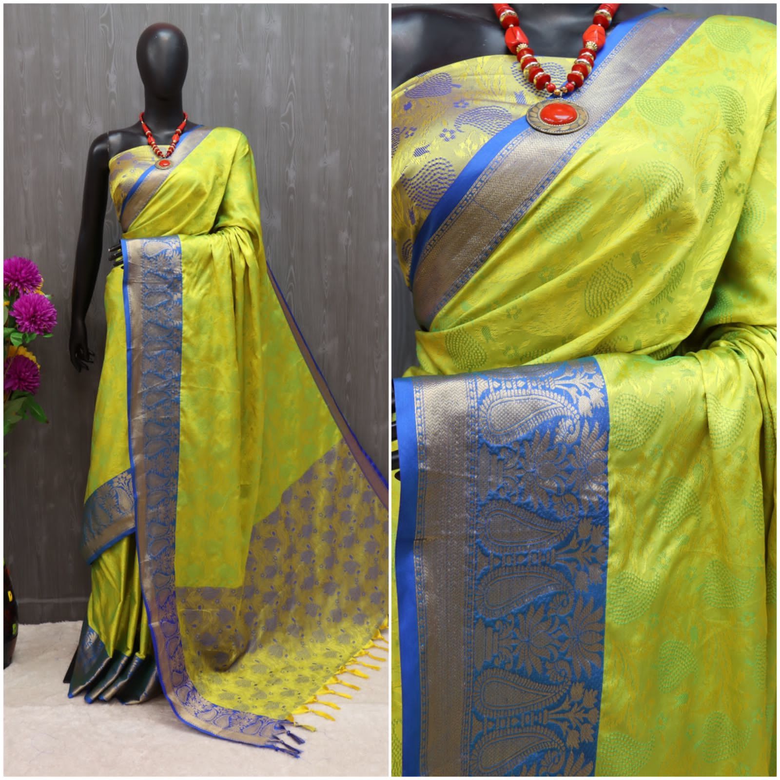Ladies Saree - Tansui Silk Material, Customized Size, Yellow Color, Ethnic Design | Breathable, Washable, Traditional Style, 8-piece Set