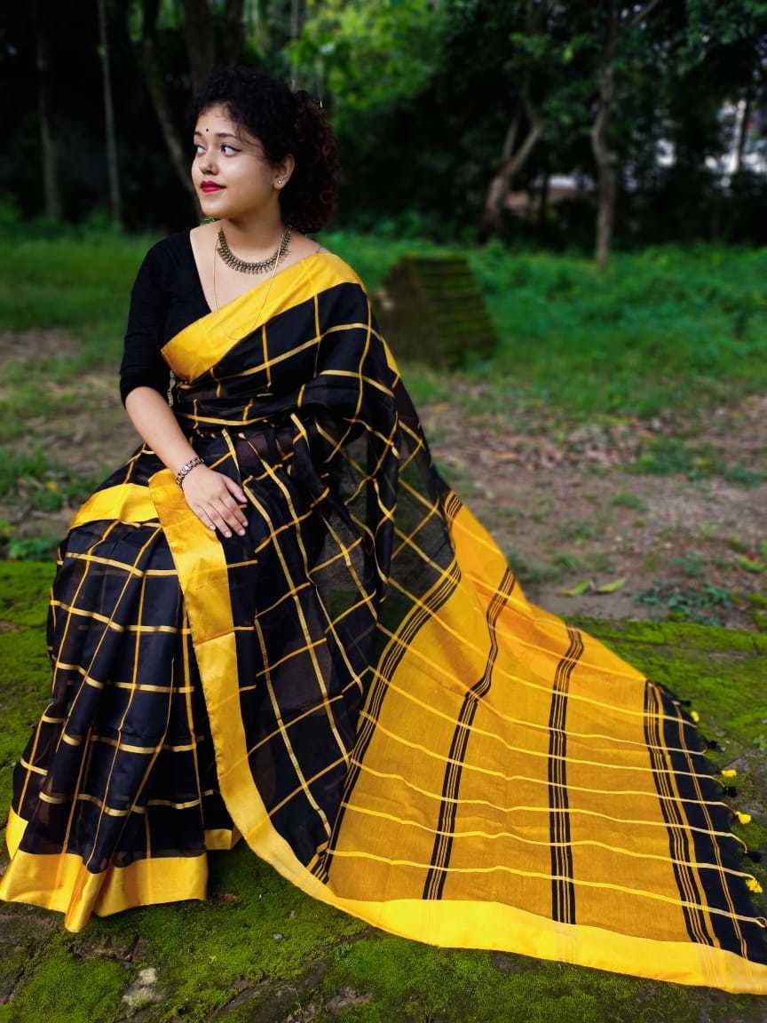 Black Velvet Border Check Saree