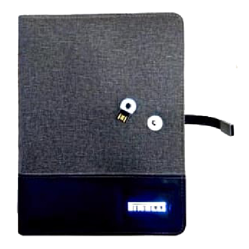 Power Bank Diary - Fabric, A4 Size, Gray | 10000 mAh Capacity, 2 USB Ports, LED Indicator, Portable for Professionals