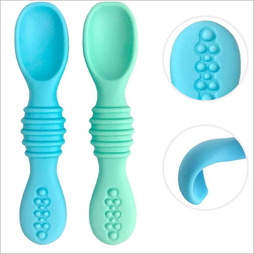 Soft Tip Silicone Training Spoons - Silicone 11x2.5cm Blue And Green | Resistant To Bacteria Odor-free Easy To Wash Self-feeding Design