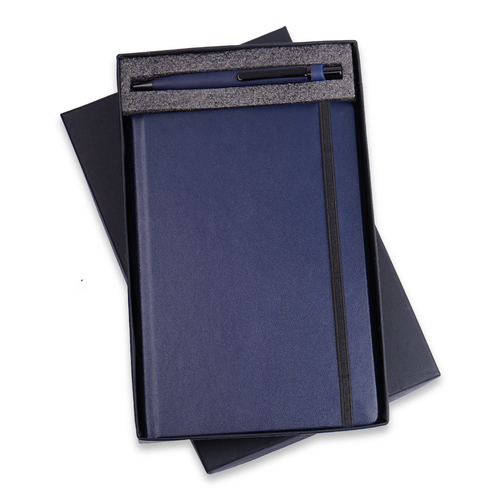 BROCADE A5 NOTEBOOK - Hardboard Material, 145 x 210 MM Size, Dark Blue Color | 200 Ruled Non-Dated Pages, Space for Dates, Metal Pen Branding