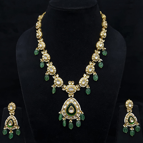 Gold Diamond Polki Long Necklace Set - Color: Different Available