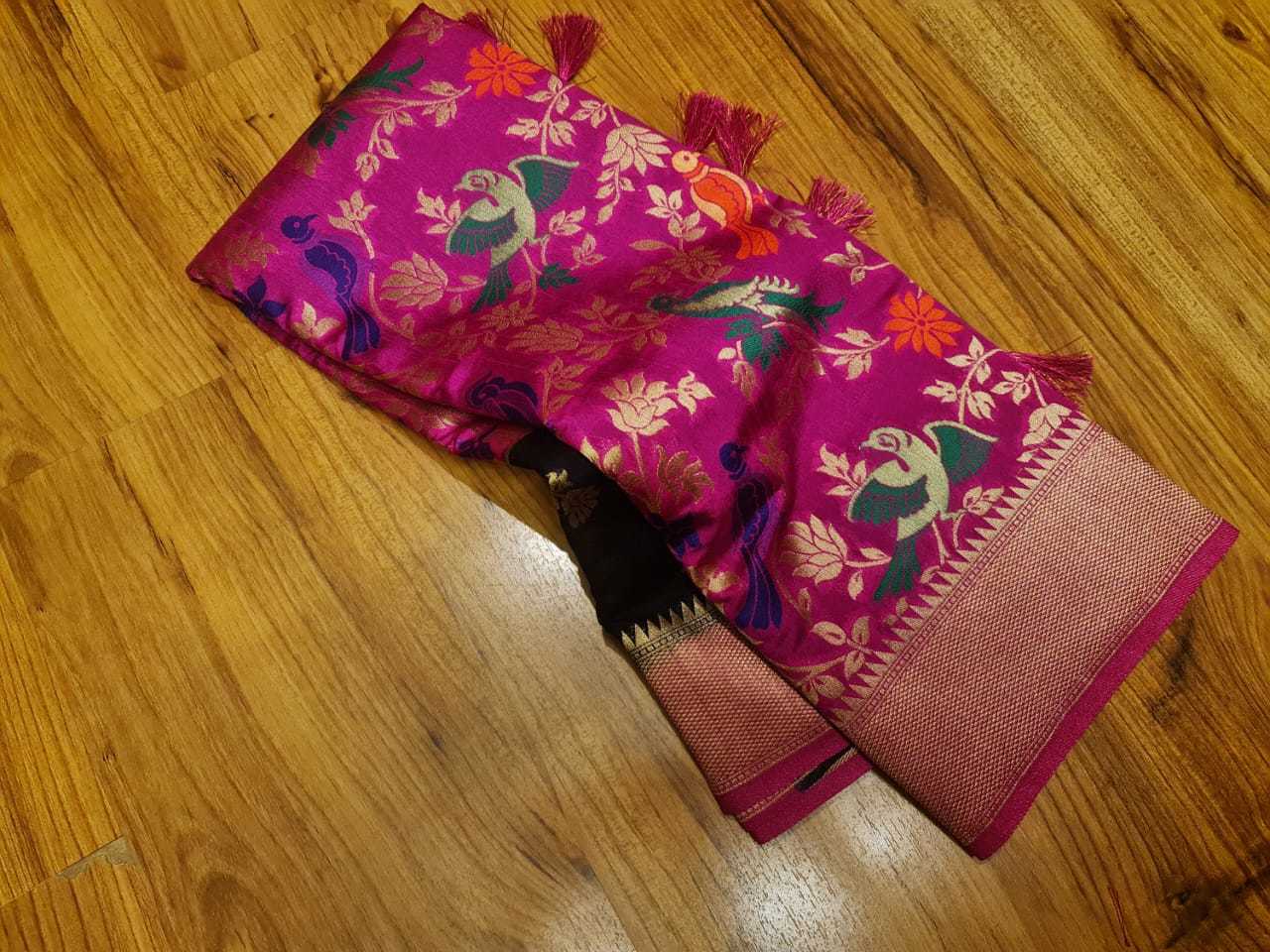 Kanji Banarashi Silk Saree - Art Silk Fabric, Navy Blue With Pink Color | Unique Corner To Corner Meena Weaving Featuring Birds And Flowers, Heavy Rich Pallu With Gold Jari Butta