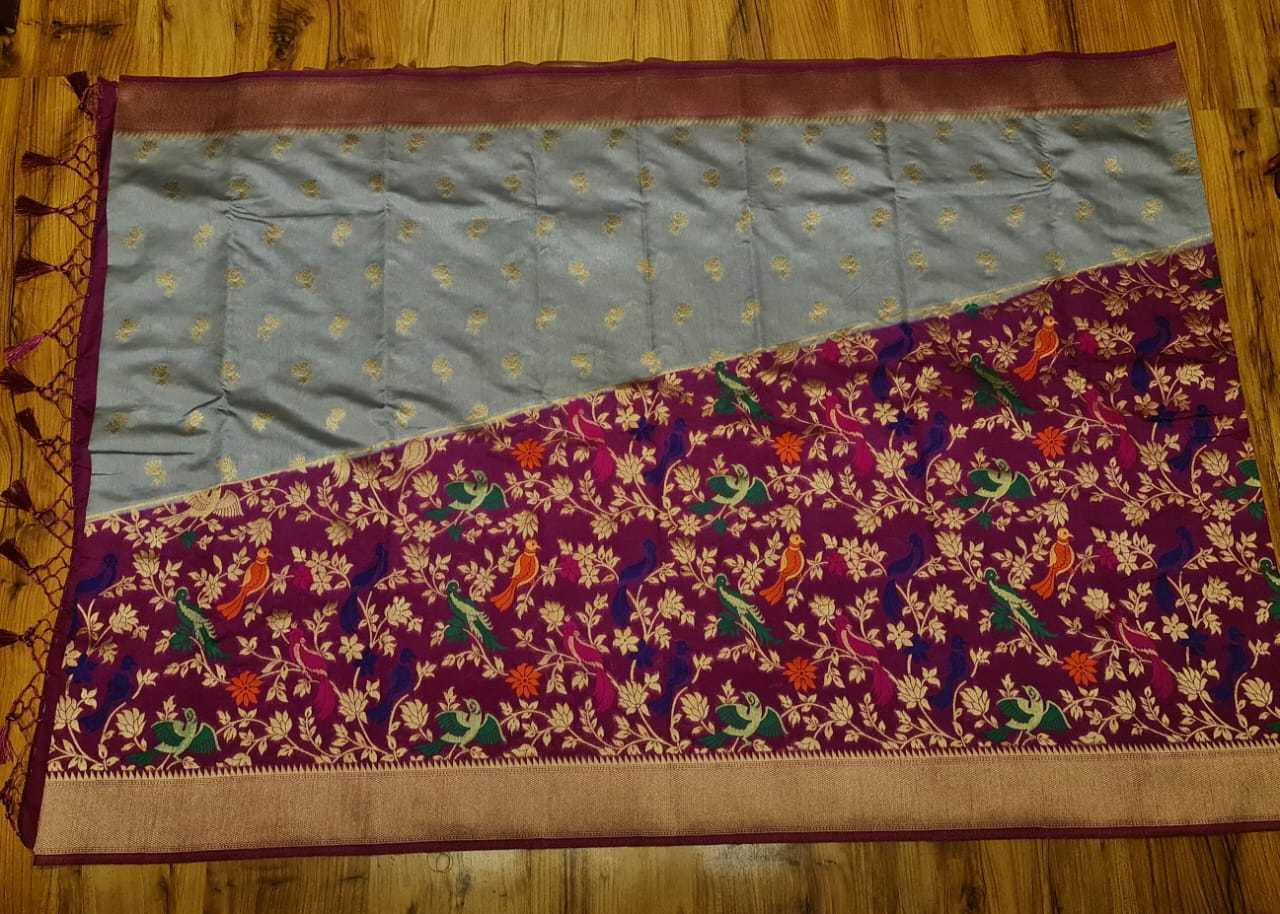 Kanji Banarashi Silk Saree - Art Silk Fabric, Navy Blue With Pink Color | Unique Corner To Corner Meena Weaving Featuring Birds And Flowers, Heavy Rich Pallu With Gold Jari Butta