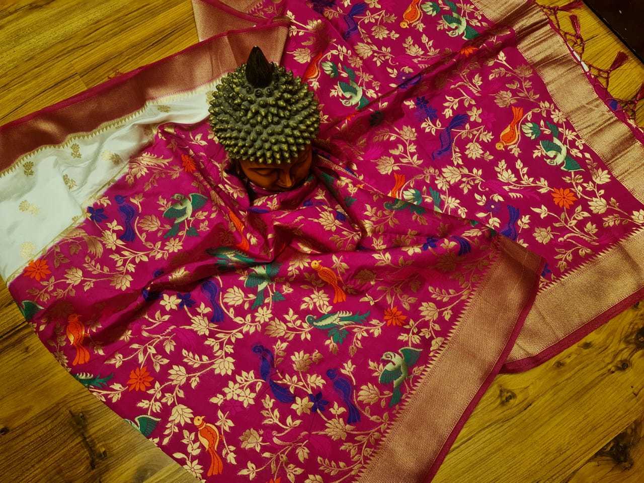 Kanji Banarashi Silk Saree - Art Silk Fabric, Navy Blue With Pink Color | Unique Corner To Corner Meena Weaving Featuring Birds And Flowers, Heavy Rich Pallu With Gold Jari Butta