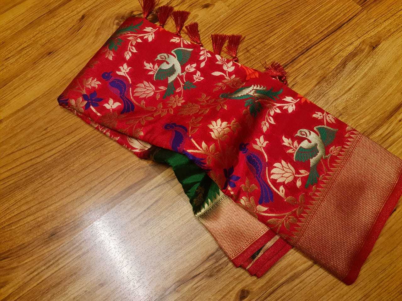 Kanji Banarashi Silk Saree - Art Silk Fabric, Navy Blue With Pink Color | Unique Corner To Corner Meena Weaving Featuring Birds And Flowers, Heavy Rich Pallu With Gold Jari Butta