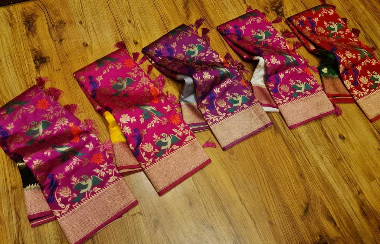 Kanji Banarashi Silk Saree - Art Silk Fabric, Navy Blue With Pink Color | Unique Corner To Corner Meena Weaving Featuring Birds And Flowers, Heavy Rich Pallu With Gold Jari Butta