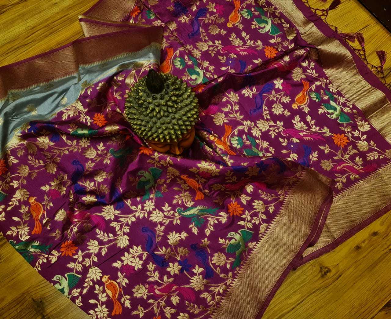 Kanji Banarashi Silk Saree - Art Silk Fabric, Navy Blue With Pink Color | Unique Corner To Corner Meena Weaving Featuring Birds And Flowers, Heavy Rich Pallu With Gold Jari Butta