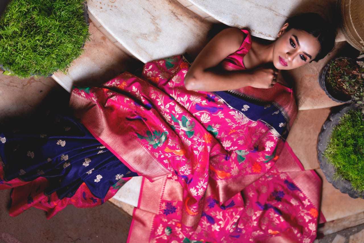 Kanji Banarashi Silk Saree - Art Silk Fabric, Navy Blue With Pink Color | Unique Corner To Corner Meena Weaving Featuring Birds And Flowers, Heavy Rich Pallu With Gold Jari Butta