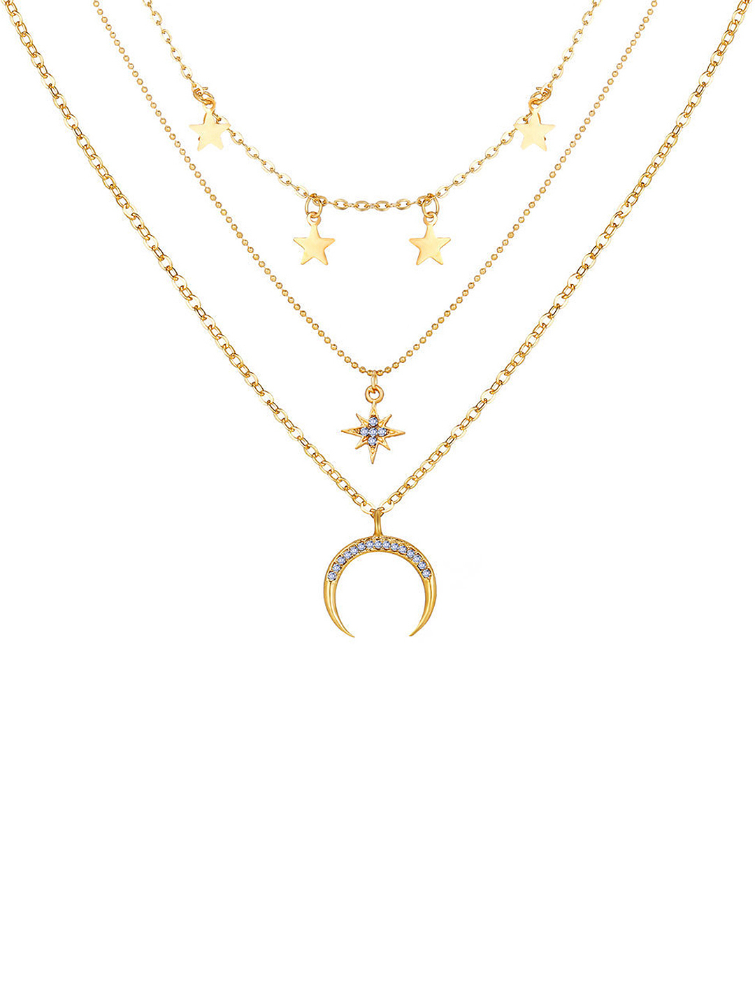 Charming Gold Plated Triple Layered Stars And Moon Pendant Necklace