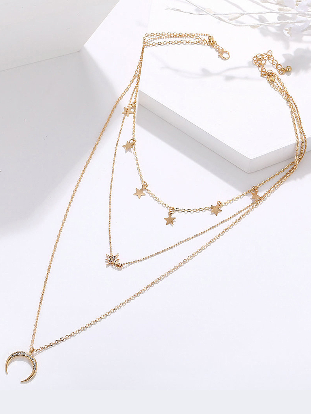 Charming Gold Plated Triple Layered Stars And Moon Pendant Necklace