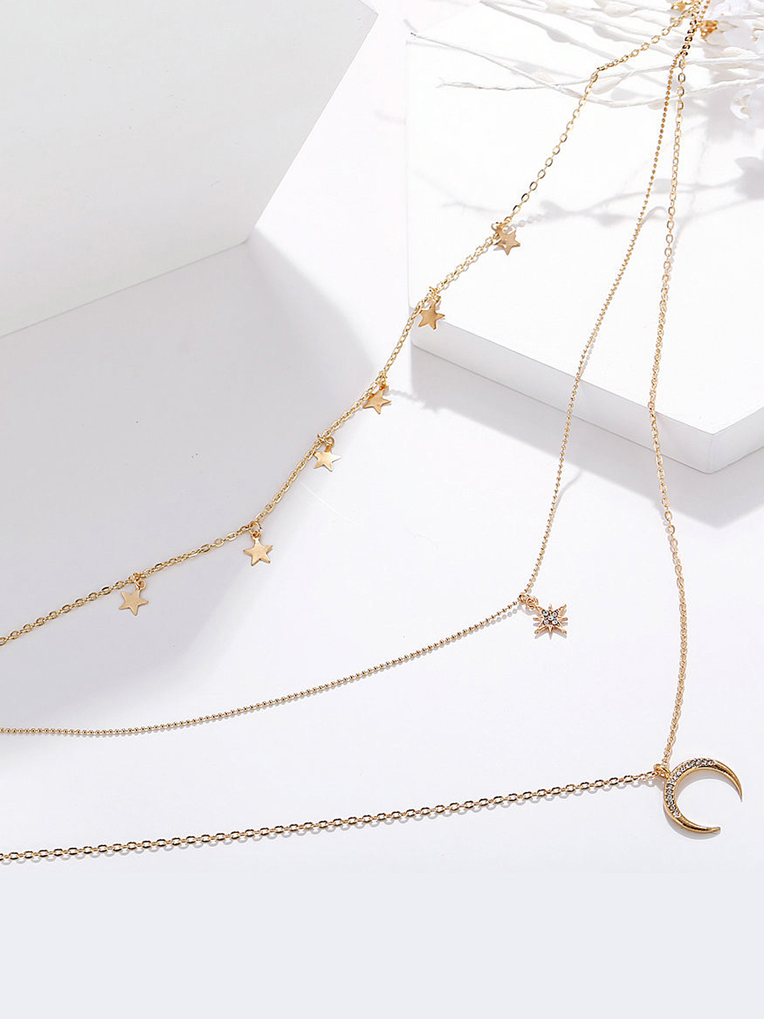 Charming Gold Plated Triple Layered Stars And Moon Pendant Necklace