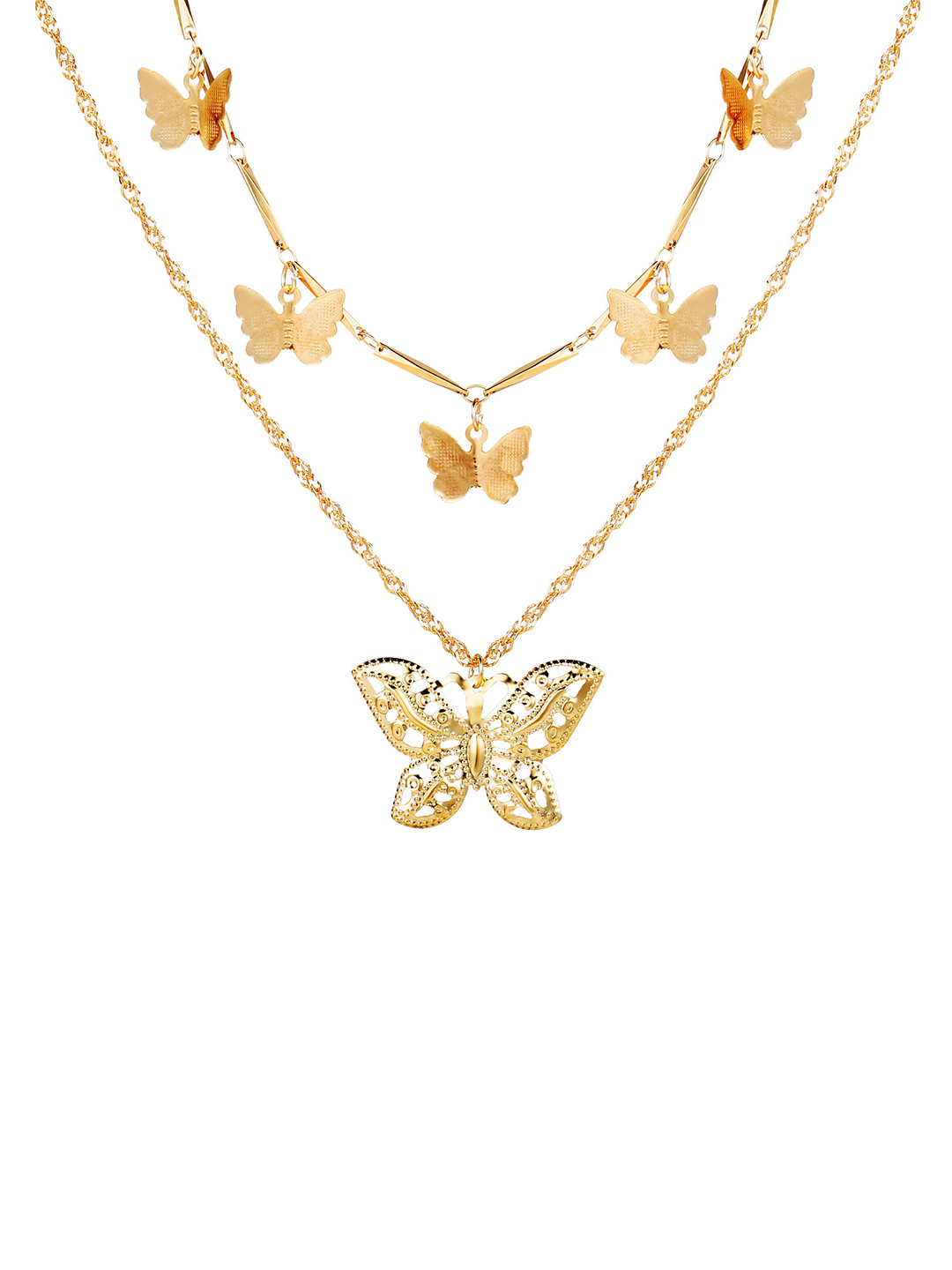 Lovely Gold Plated Double Layered Butterfly Pendant Necklace