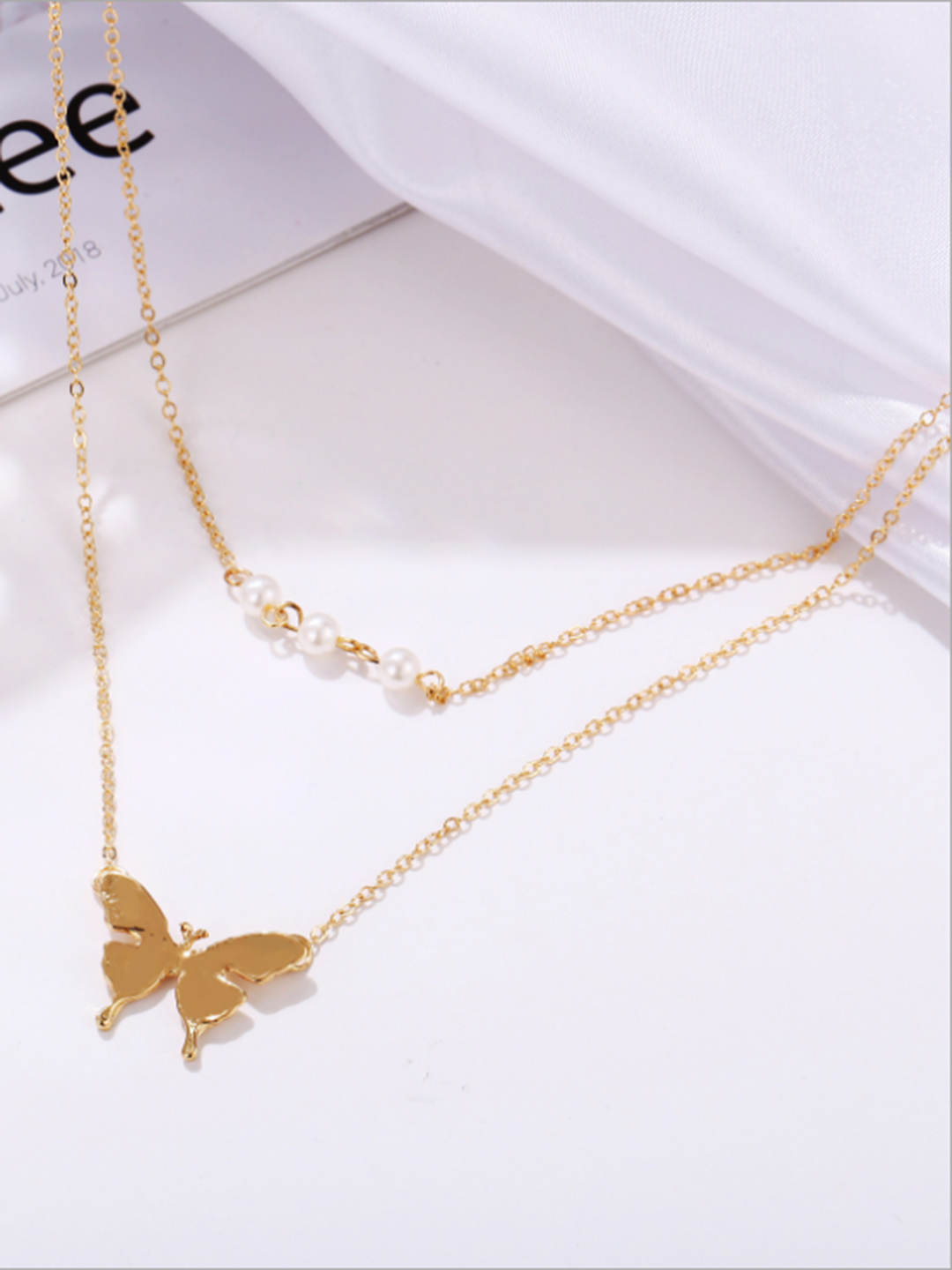 Lovely Gold Plated Double Layered Pearls And Butterfly Pendant Necklace