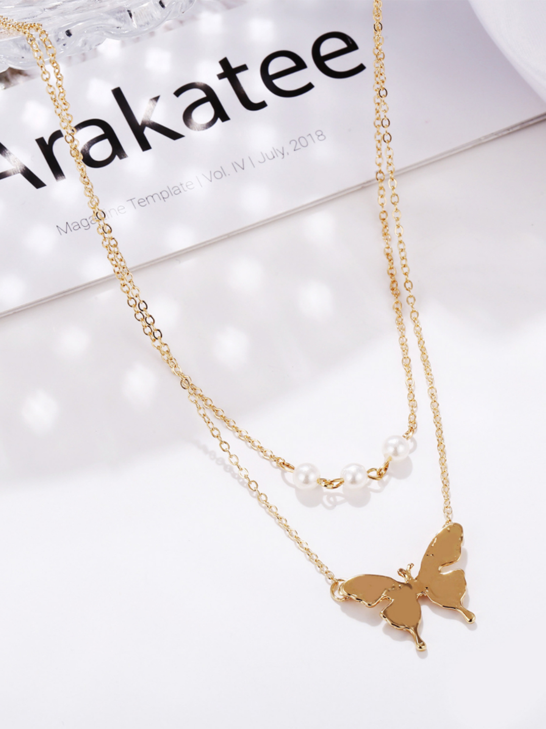 Lovely Gold Plated Double Layered Pearls And Butterfly Pendant Necklace